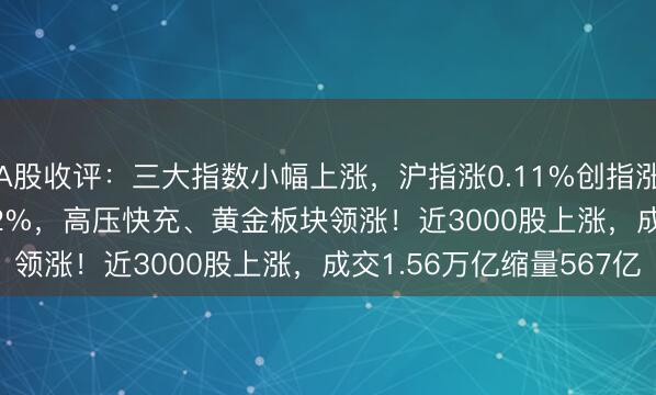 A股收评：三大指数小幅上涨，沪指涨0.11%创指涨0.61%北证50涨0.42%，高压快充、黄金板块领涨！近3000股上涨，成交1.56万亿缩量567亿