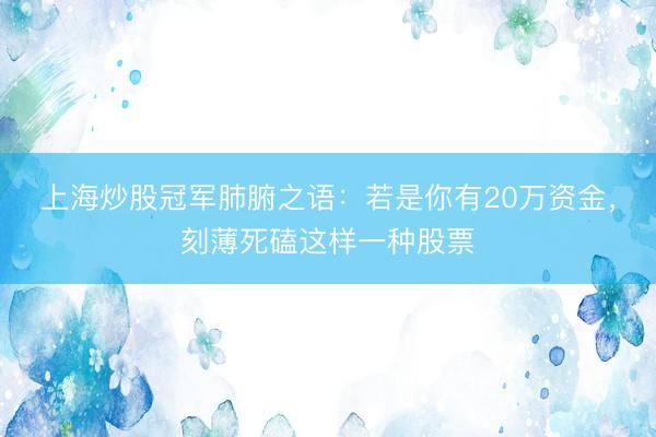 上海炒股冠军肺腑之语：若是你有20万资金，刻薄死磕这样一种股票